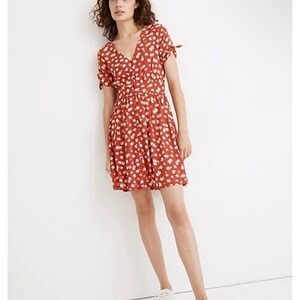 Madewell Button-Front Tie-Sleeve Retro Dress Happy Hibiscus Red Floral AO276 8